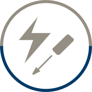 Button rund Blitz und Schraubenzieher grau blau