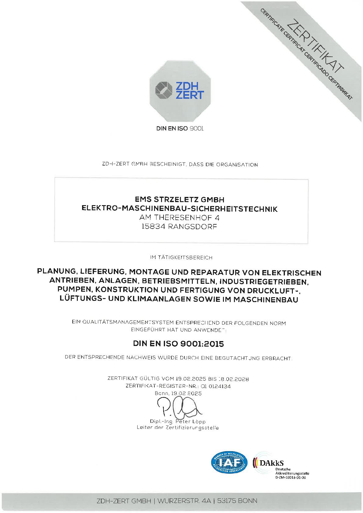Zertifikat DIN ISO 9001 blau grau weiß Bild