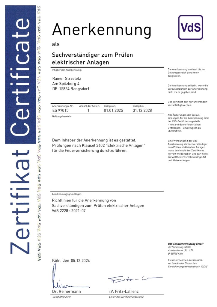 Zertifikat ES 97015-001 blau weiß Bild