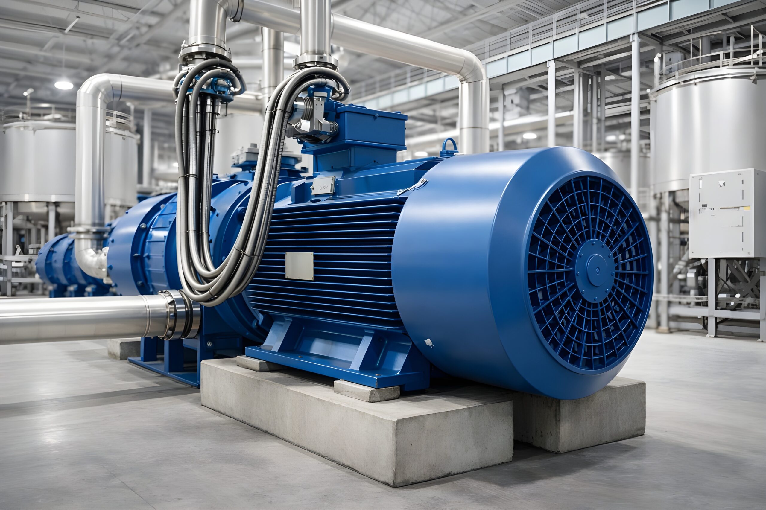 Industrieller Elektromotor in einer Produktionsanlage mit Rohrleitungsanschlüssen blau